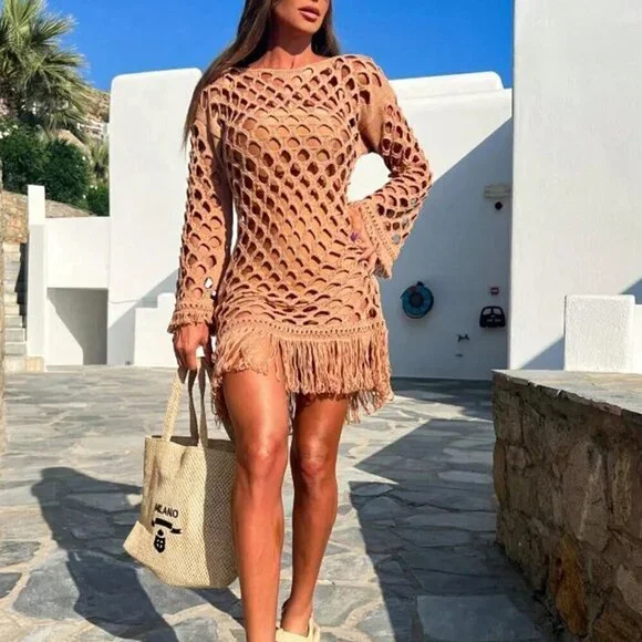 Coral Orange Women's Sexy & Elegant Beach Style Knitted Hollow Fringe Dress - Picture 2 of 5